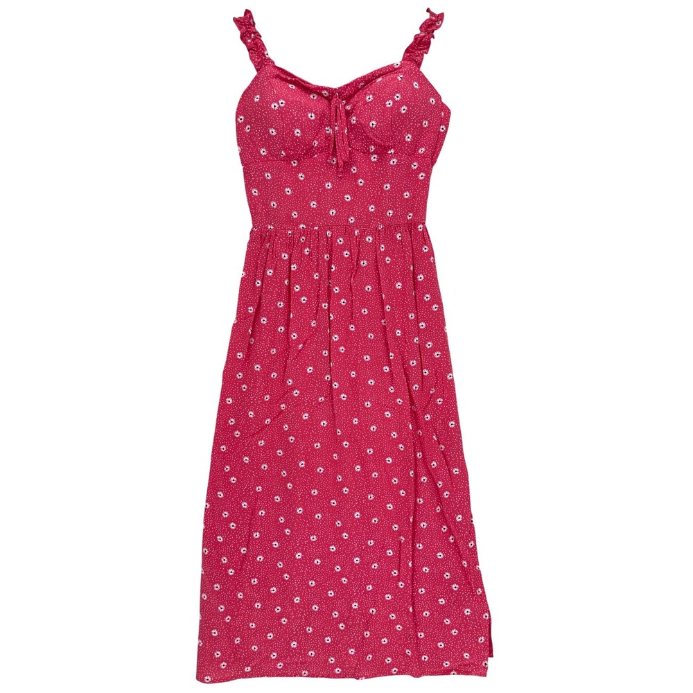 AUW Red Floral Midi Dress Size S Padded Smocked Ruffle Strap Sweetheart Slit